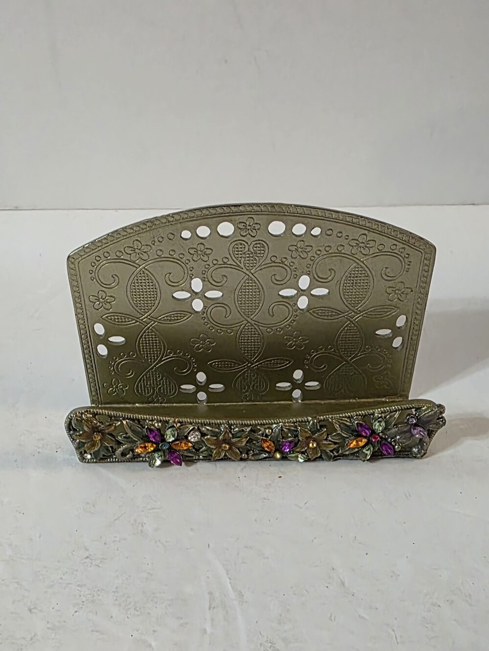 Bijou Brass Enameled Buisness Card Holder Flowers Dragonfly